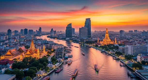 Bangkok riverfront at sunset